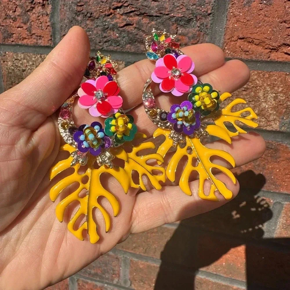 Zara Rio Tropical Monstera Yellow Leaves Drop Earrings - Picture 7 of 8